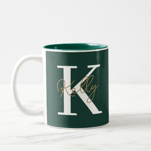 Modern Emerald Green Monogram Script Two_Tone Coffee Mug