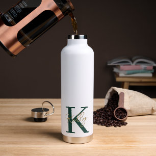 Modern Emerald Green Monogram Script Water Bottle