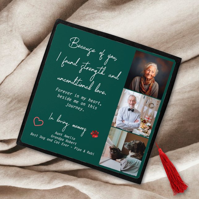 Modern Emerald Green Personalized 3 Photo Memorial Graduation Cap Topper (Creator Uploaded)