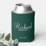 Modern Emerald Green Personalized Groomsman Can Cooler<br><div class="desc">Personalized Groomsman Gifts
featuring personalized groomsman's name in white modern script font style with title and wedding date in modern sans serif font style on emerald green background.

Also perfect for best man,  father of the bride,  bridesmaid,  maid of honor,  mother of the bride and more.</div>