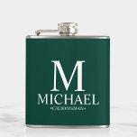 Modern Emerald Green Personalized Groomsman Flask<br><div class="desc">Modern Personalized Groomsman Gifts
featuring personalized monogram,  groomsman's name and title in white classic serif font style on emerald green background.

Also perfect for Best Man,  Father of the Bride and more.</div>