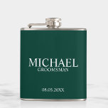 Modern Emerald Green Personalized Groomsman Flask<br><div class="desc">Modern Personalized Groomsman Gifts
featuring personalized groomsman's name,  title and wedding date in white classic serif font style on emerald green background.

Also perfect for Best Man,  Father of the Bride and more.</div>
