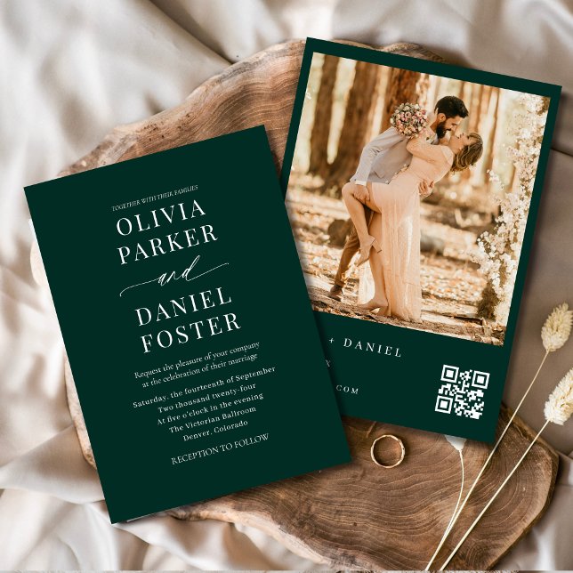 Modern Emerald Green Photo QR Code Wedding Invitation (Creator Uploaded)