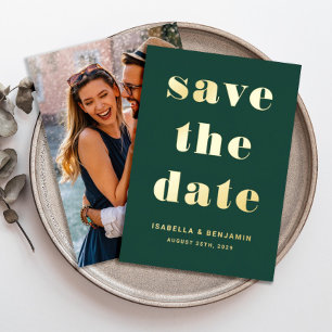 Modern Emerald Green Photo Save The Date Gold Foil Invitation