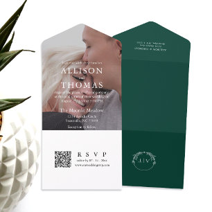Modern Emerald Green QR Code Monogram Wedding All In One Invitation
