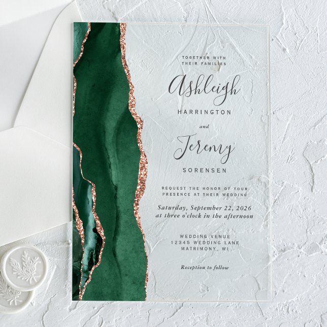 Modern Emerald Green Rose Gold Agate Wedding Acrylic Invitations (Creator Uploaded)