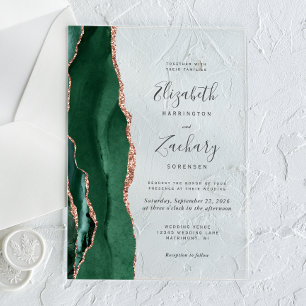 Modern Emerald Green Rose Gold Agate Wedding Acrylic Invitations