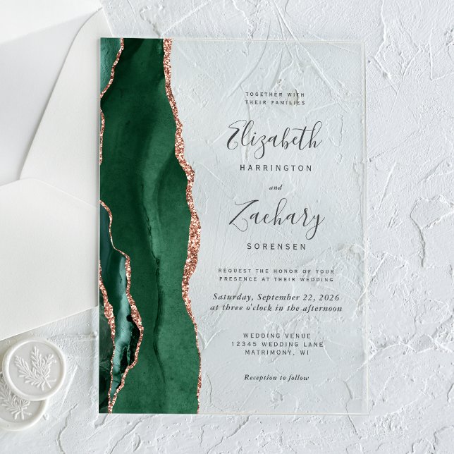Modern Emerald Green Rose Gold Agate Wedding Acrylic Invitations (Creator Uploaded)