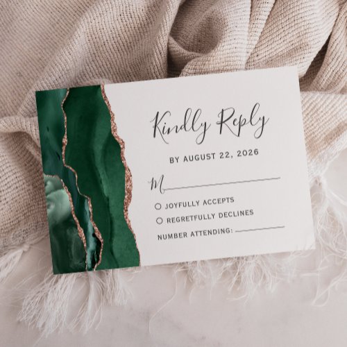 Modern Emerald Green Rose Gold Agate Wedding RSVP Card