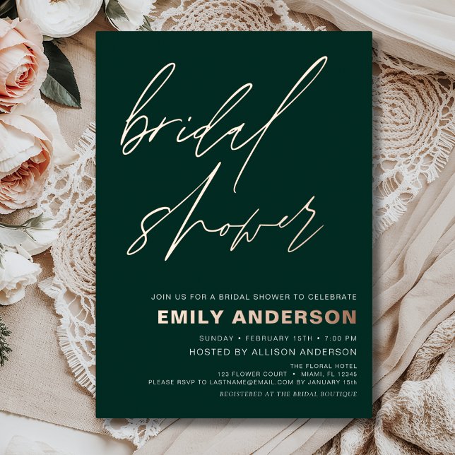 Modern Emerald Green Rose Gold Bridal Shower Chic Foil Invitation (Creator Uploaded)