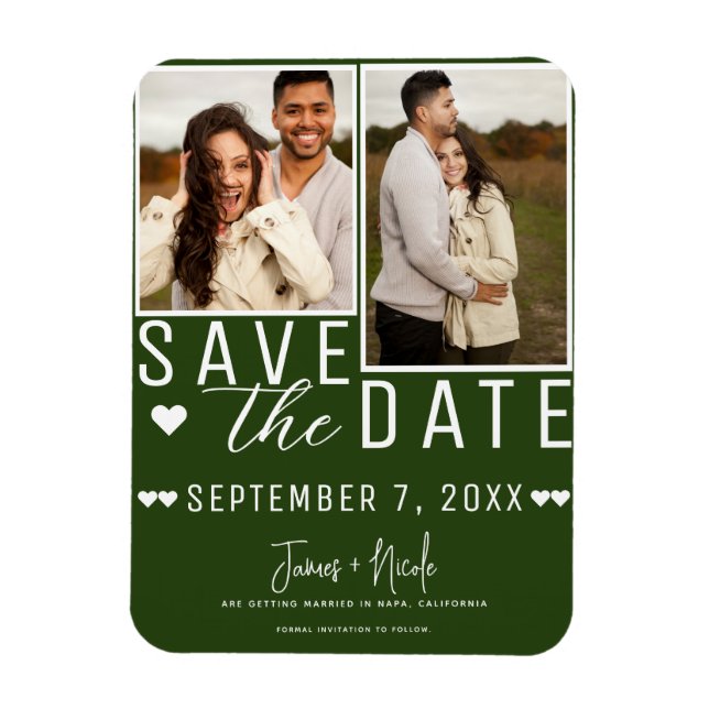 Modern Emerald Green Save the Date 2 Photo Wedding Magnet (Vertical)