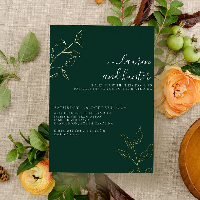 Modern Emerald Green Script Botanical Wedding Gold Foil Invitation (Creator Uploaded)