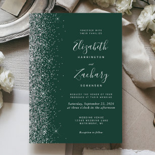 Modern Emerald Green Silver Faux Glitter Wedding Invitation