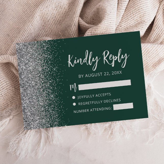 Modern Emerald Green Silver Glitter Edge Script RSVP Card (Creator Uploaded)
