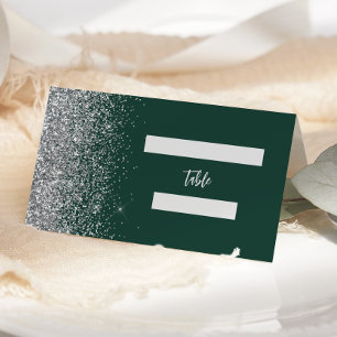 Modern Emerald Green Silver Glitter Edge Wedding Place Card