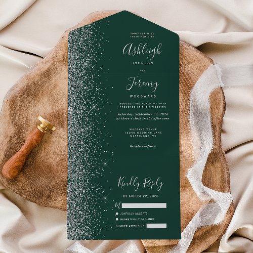 Modern Emerald Green Silver Glitter Wedding All In One Invitation