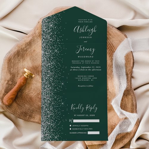 Modern Emerald Green Silver Glitter Wedding All In One Invitation