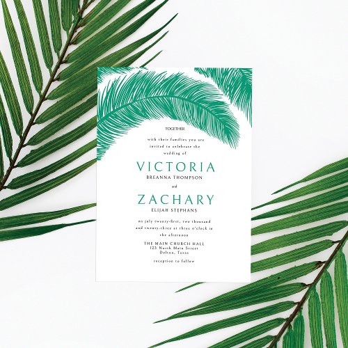Modern Emerald Green Summer Palm Leaves Wedding Invitation