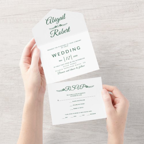 Modern emerald green typography on white wedding all in one invitation