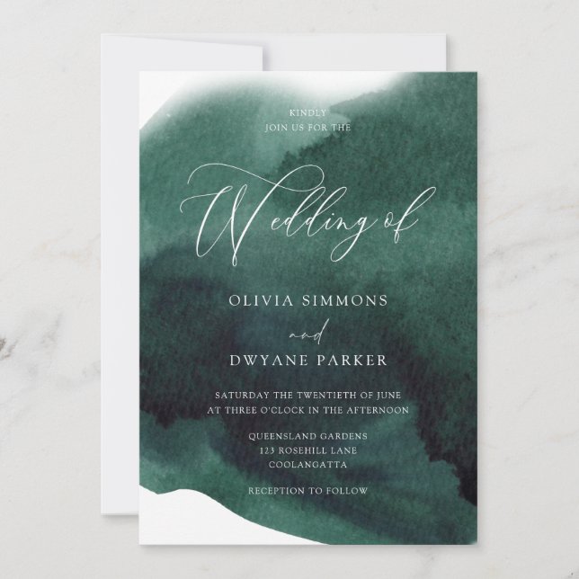 Modern Emerald Green Watercolor Splash Wedding Invitation (Front)
