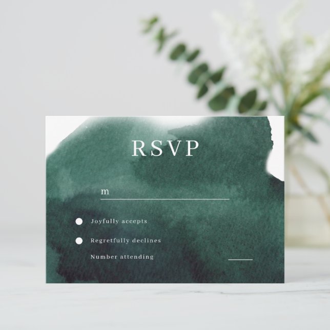 Modern Emerald Green Watercolor Wedding RSVP Card (Standing Front)