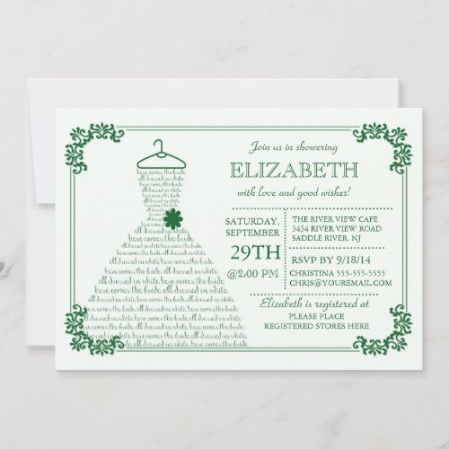 Modern Emerald Green Wedding Dress Bridal Shower Invitation