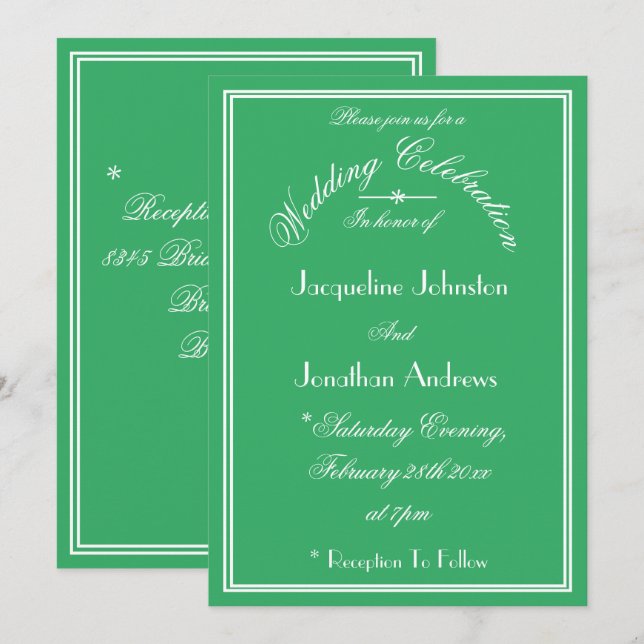 Modern Emerald Green White Names Details Wedding Invitation (Front/Back)