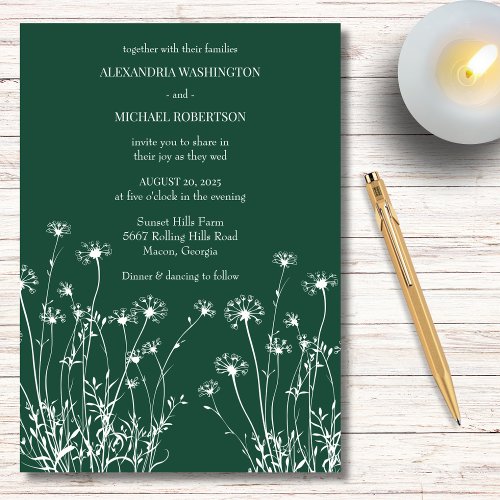 Modern Emerald Green  White Wildflower Wedding Invitation