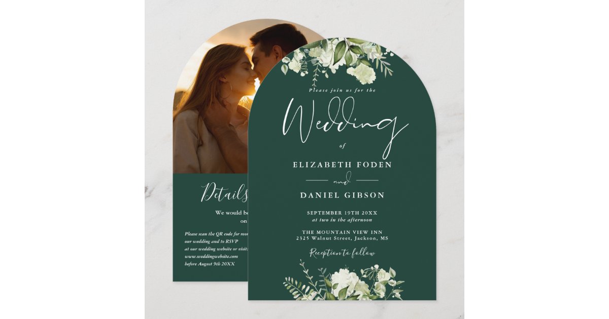 Modern Emerald Greenery QR Code Photo Arch Wedding Invitation | Zazzle