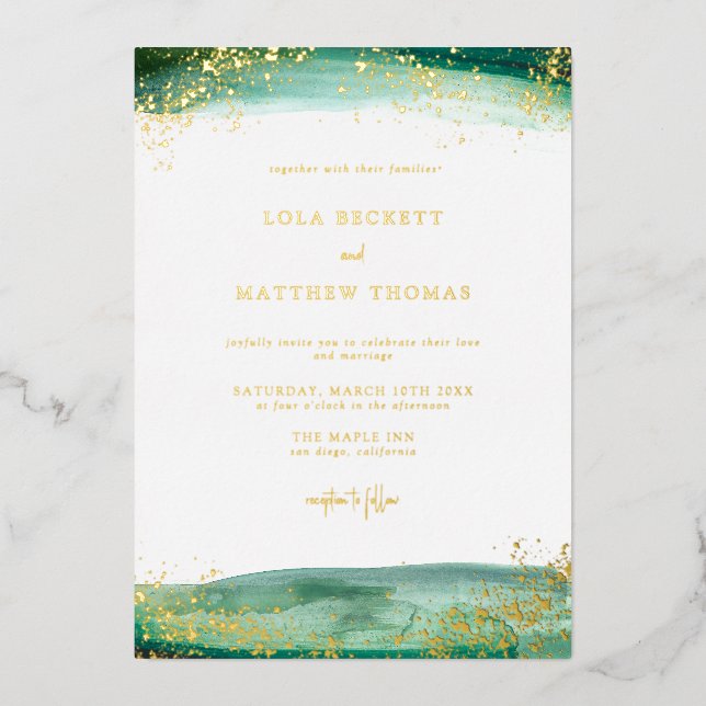 Modern Emerald Watercolor Wedding Invitation Foil  (Front)