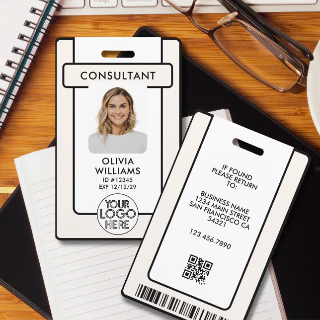 Code Role Id Badges Modern Employee ID Badge Photo with Logo QR Code | Zazzle