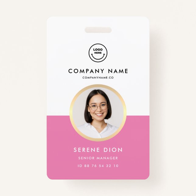 Modern Employee ID Custom Name Photo ID Pink  Badge (Front)