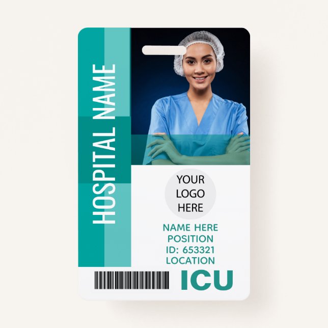 Modern Employee Photo, Bar Code, Logo ICU ID Badge (Front)
