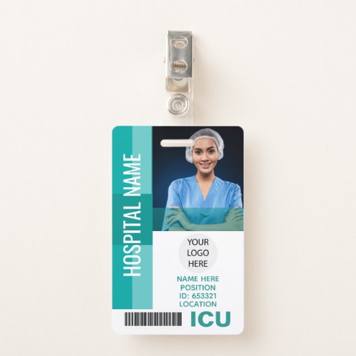 Modern Employee Photo, Bar Code, Logo ICU ID Badge | Zazzle