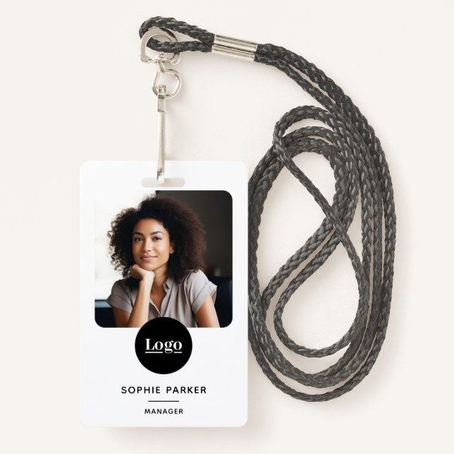 Modern Employee Photo Id Card QR Code White Badge (Front with Lanyard)