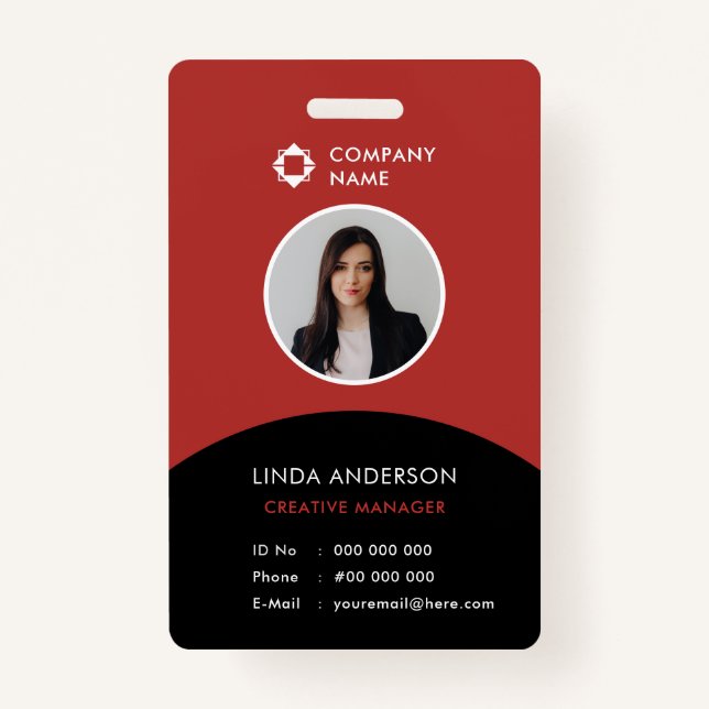 Modern Employee Photo ID Company Logo Black Red Badge (Front)