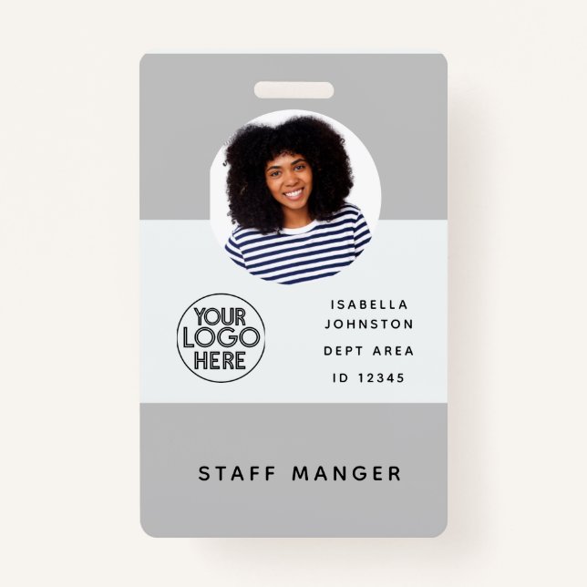 Modern Employee Photo ID Logo | QR Barcode Gray Badge (Front)