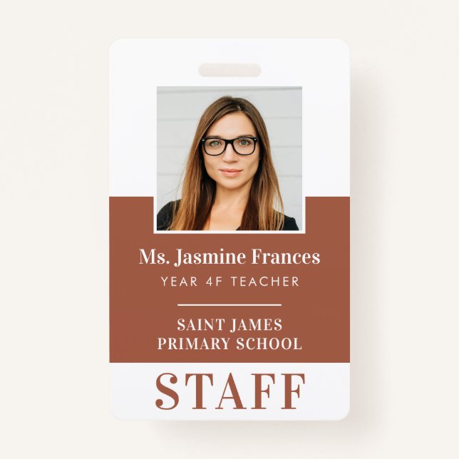 MODERN EMPLOYEE PHOTO ID simple clay brown Badge (Front)