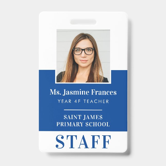 MODERN EMPLOYEE PHOTO ID simple royal blue Badge (Front)