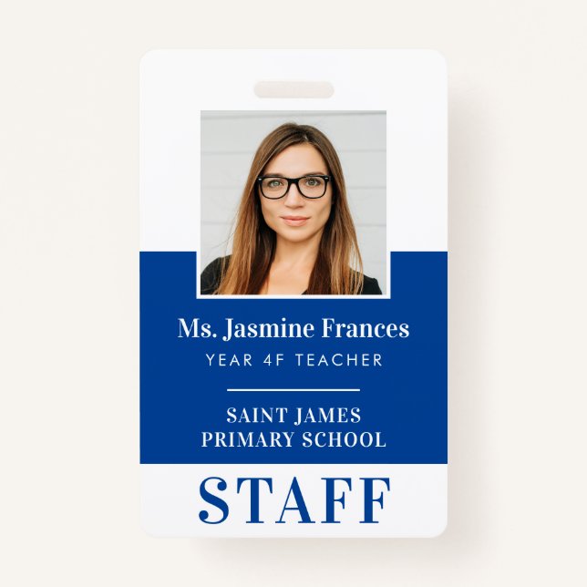 MODERN EMPLOYEE PHOTO ID simple royal blue Badge (Front)