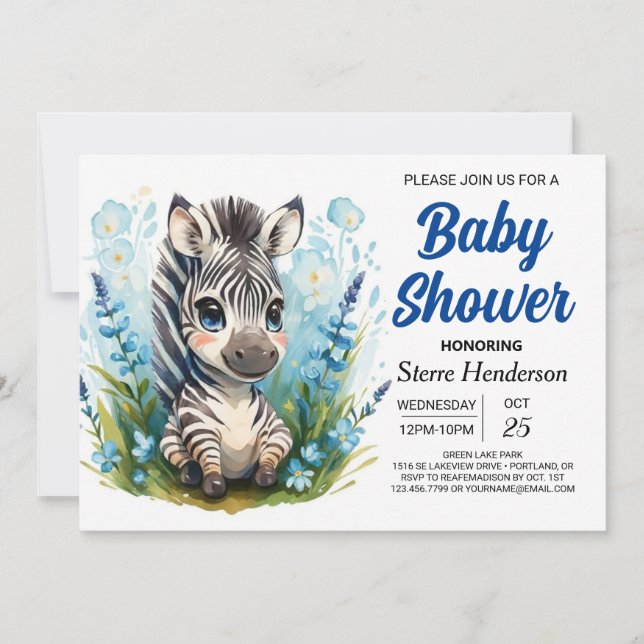 Modern Enchanted Safari Zebra Boy Baby Shower Invitation (Front)
