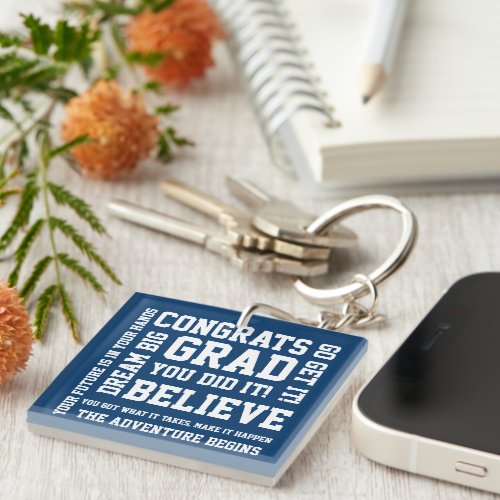 Modern Encouraging Congratulations Grad Blue Keychain