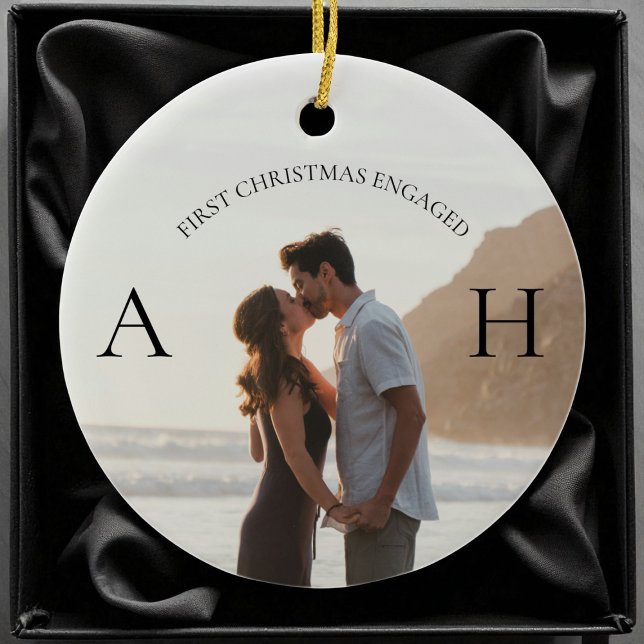 Modern Engagement 2 Photo First Christmas Engaged Ceramic Ornament (Modern Engagement 2 Photo First Christmas Engaged Ceramic Ornament)