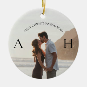Modern Engagement 2 Photo First Christmas Engaged Ceramic Ornament