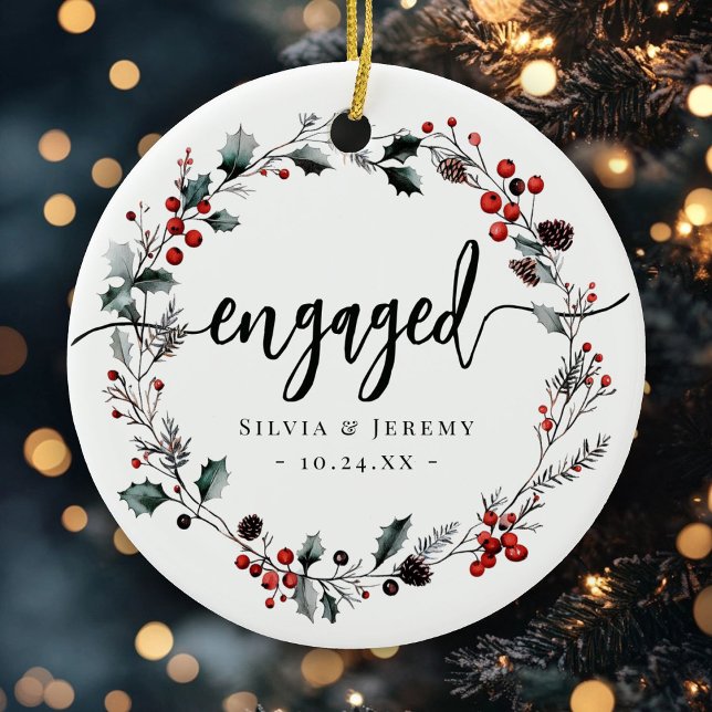 Modern Engagement First Christmas Mistletoe Wreath Ceramic Ornament (Creator Uploaded)