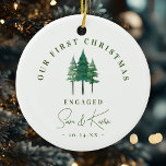Modern Engagement First Christmas Pine Trees Ceramic Ornament<br><div class="desc">Celebrate your first Christmas engaged with this beautiful ornament! Featuring a modern watercolor pine tree design,  this ceramic ornament adds a cozy touch to your tree. Personalize with custom text to make it uniquely yours!</div>