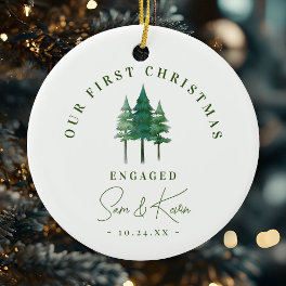 Modern Engagement First Christmas Pine Trees Ceramic Ornament