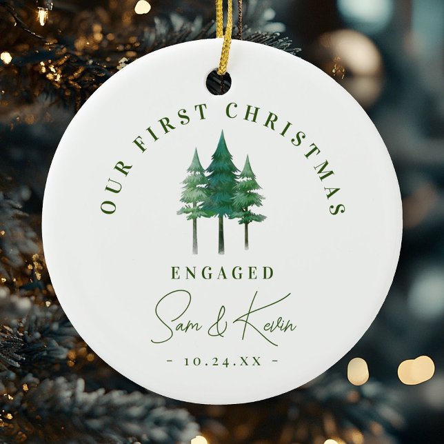 Modern Engagement First Christmas Pine Trees Ceramic Ornament (Creator Uploaded)