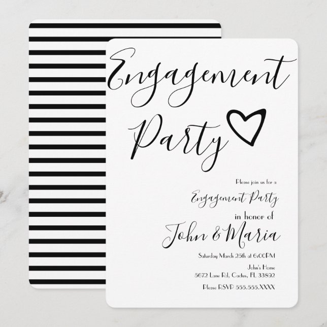 Modern Engagement Party Black Stripes Heart Invitation (Front/Back)