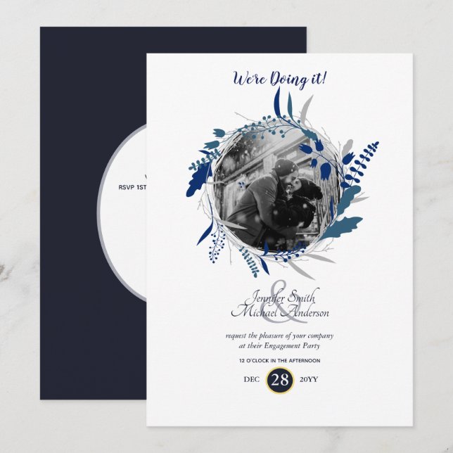 Modern Engagement Party PHOTO Blue Wreath Invitation (Front/Back)